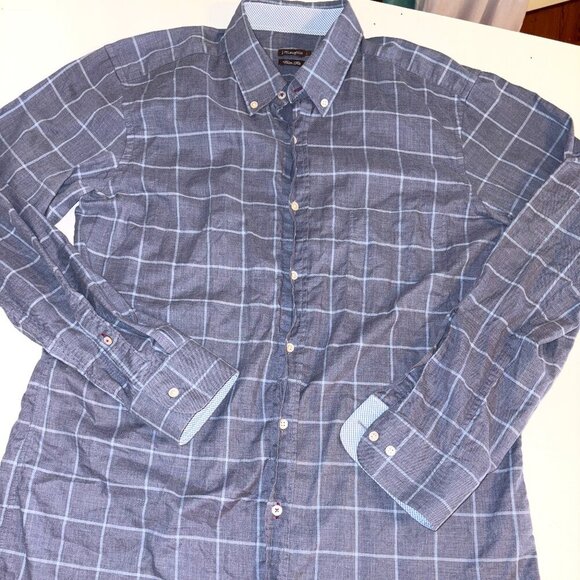J. McLaughlin Men's Plaid Trim Fit Linen Blend Button Shirt Large Blue White - Picture 1 of 10